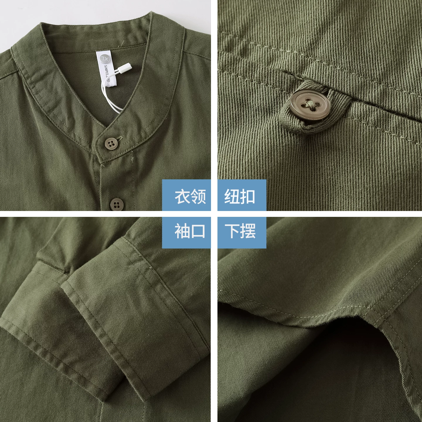 Áo sơ mi công sở cổ đứng bằng cotton nguyên chất OMZM dành cho nam, áo sơ mi dài tay màu trơn mùa xuân thu có túi đôi áo khoác