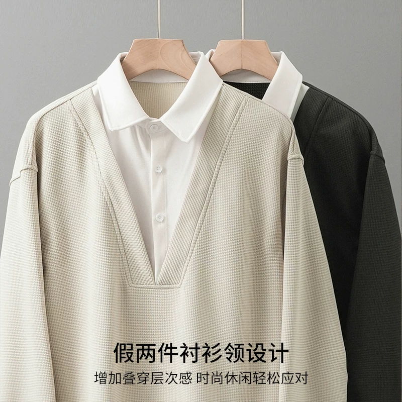 Áo sơ mi POLO dài tay giả hai mảnh kiểu Mỹ dành cho nam, áo chui đầu cổ áo chắp vá mùa xuân, áo len dệt kim cao cấp