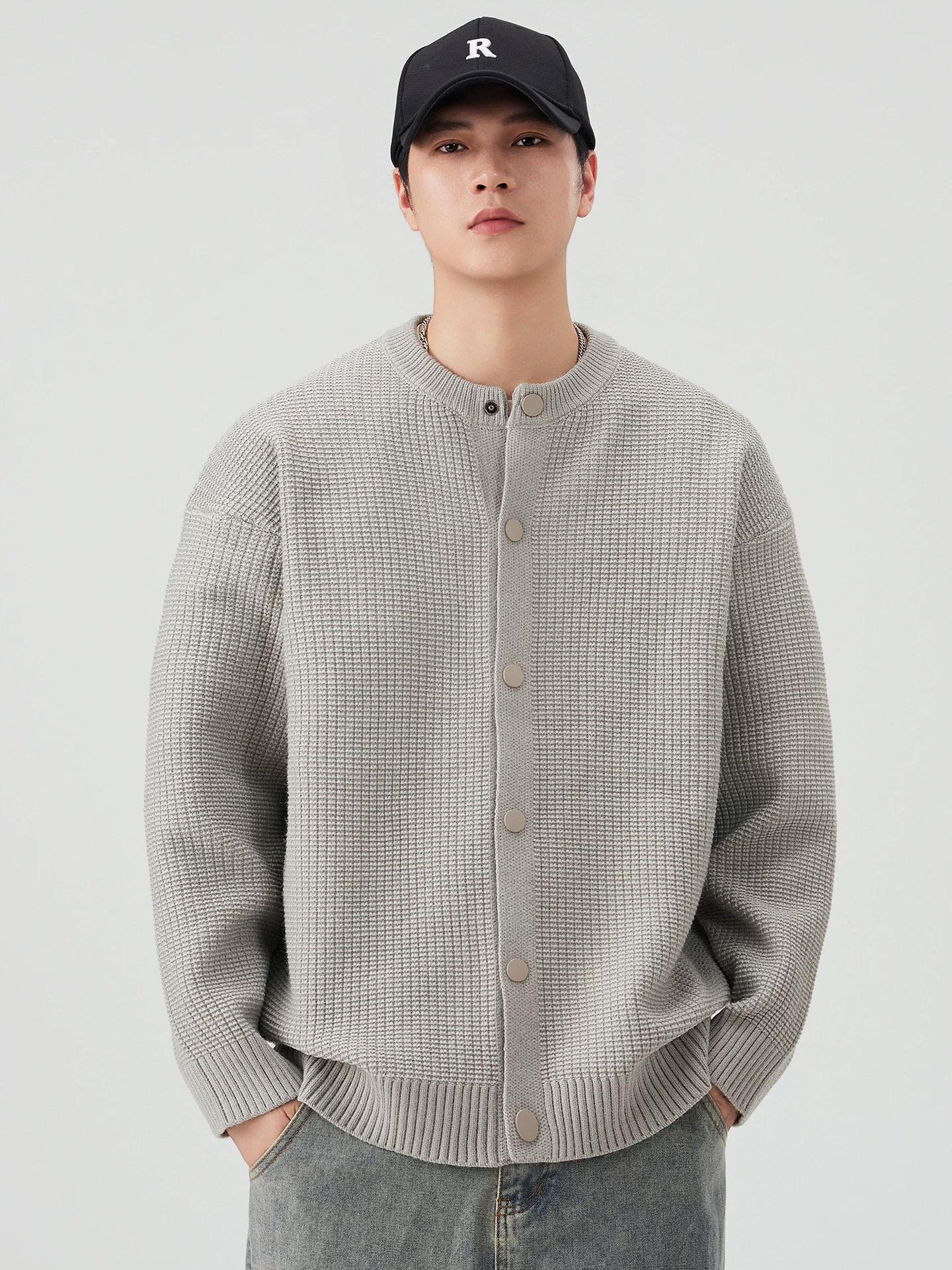 OMZM930G áo cardigan dày dặn chất liệu dày dặn nam mùa thu thường ngày áo len dày dáng rộng phong cách lười biếng áo khoác dệt kim