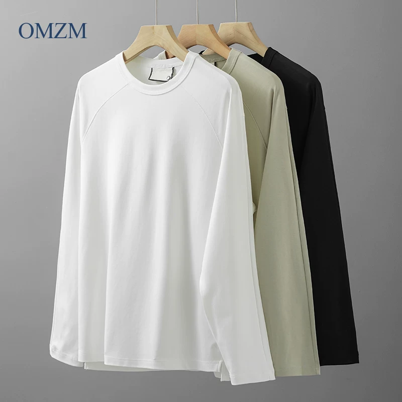 Áo thun nam dài tay hạng nặng OMZM270G, kiểu xuân thu, áo sơ mi cổ tròn màu trắng tinh khiết ba kim, kiểu dáng đơn giản, mặc lót bên trong.