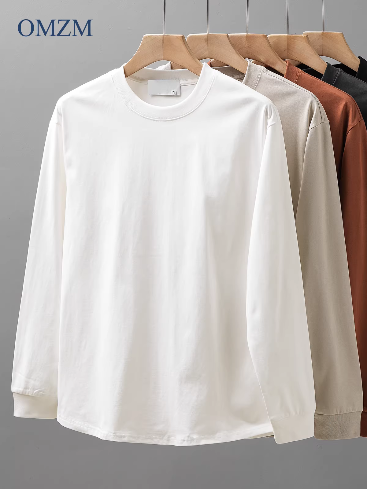 Áo thun dài tay hạng nặng mật độ cao OMZM dành cho nam, áo sơ mi lớp nền màu trắng tinh khiết phong cách Mỹ mùa thu để mặc nhiều lớp, áo len cổ tròn.