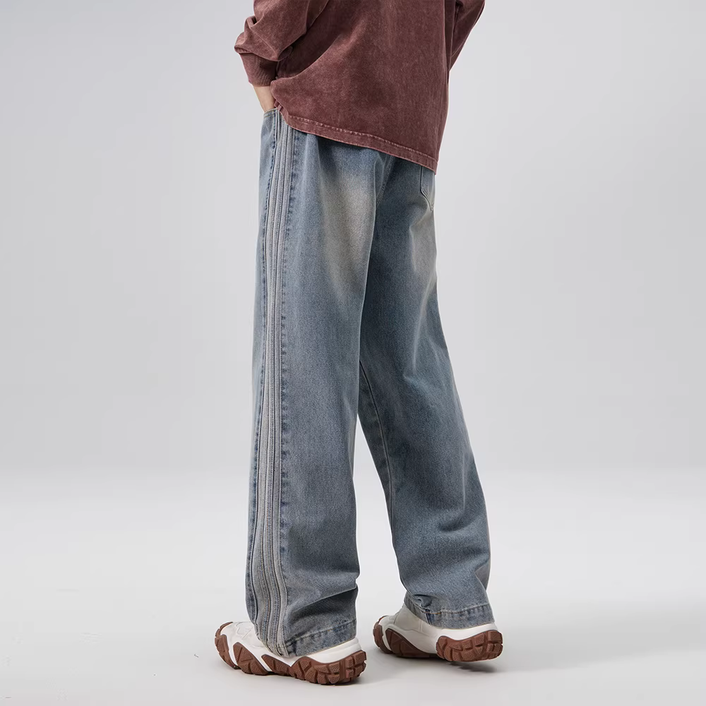 Quần jean sọc ngang hạng nặng OMZM dành cho nam, mùa xuân và mùa thu phong cách Mỹ, thương hiệu thời thượng, quần cargo ống thẳng dáng rộng, phong cách cổ điển đã qua xử lý