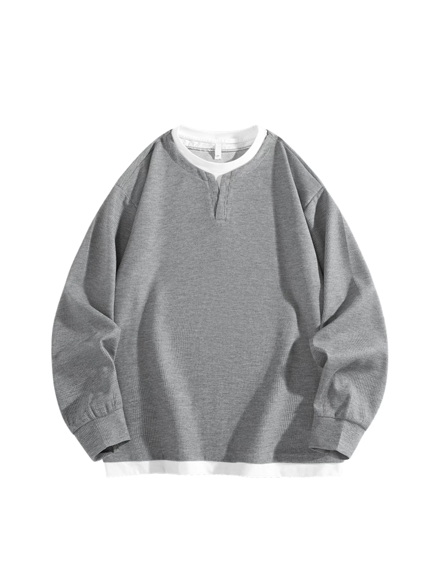 Áo nỉ giả hai mảnh hạng nặng OMZM dành cho nam, áo sơ mi henley cổ chữ V kiểu waffle mùa thu với áo sơ mi dài tay phối màu