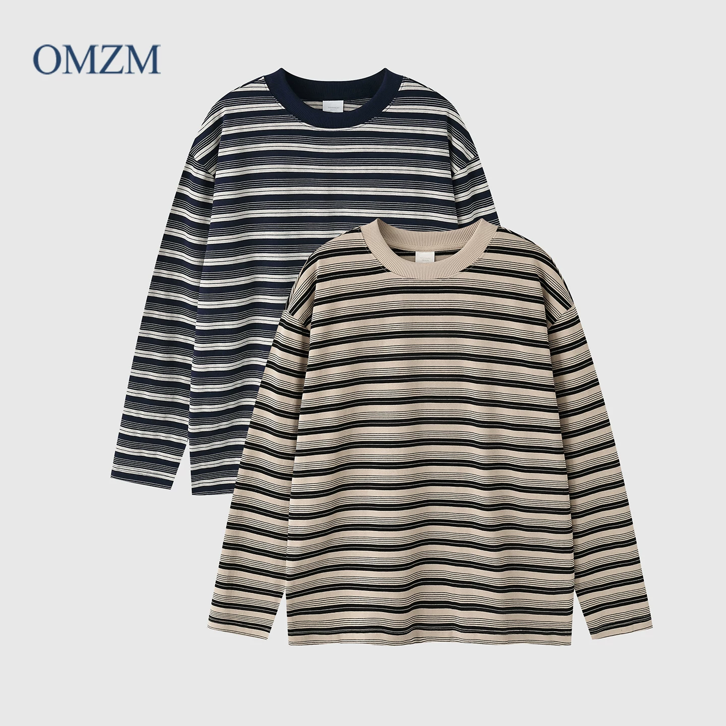 Áo thun dài tay bằng cotton nguyên chất sọc hạng nặng OMZM dành cho nam, áo thun cổ tròn màu phong cách cổ điển Mỹ mùa thu, áo thun cổ tròn