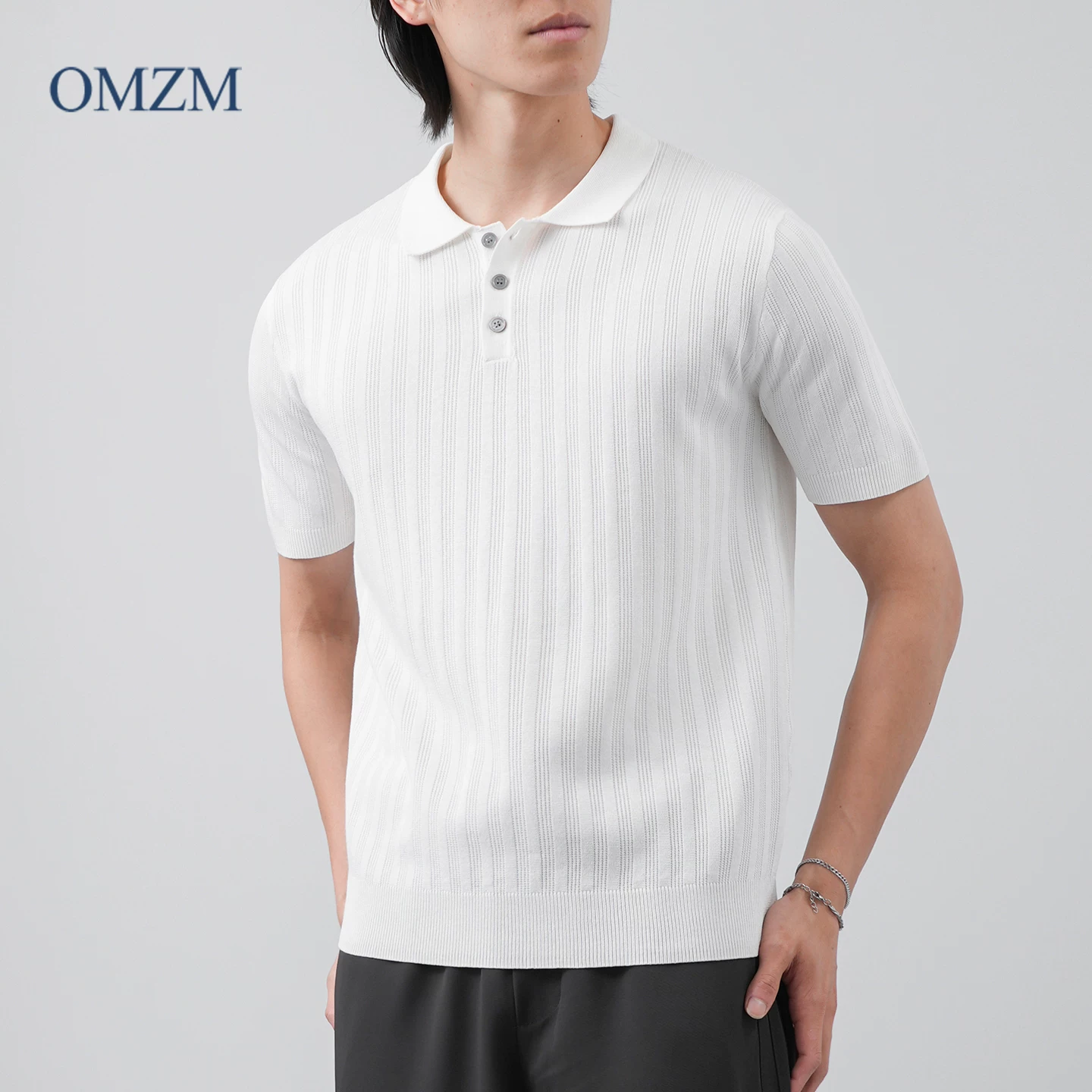 Áo sơ mi POLO ngắn tay dệt kim dọc OMZM dành cho nam, mùa hè phong cách Mỹ, kiểu dáng rộng, phong cách tiền cổ, màu trơn, áo thun nửa tay