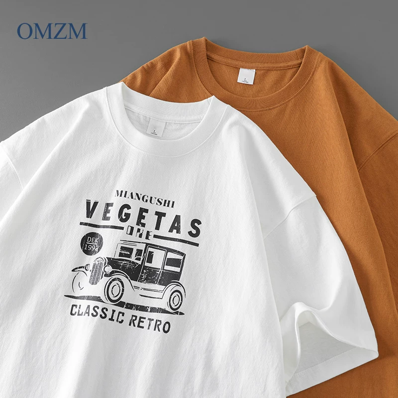 OMZM320G Áo thun cotton nguyên chất hạng nặng ngắn tay mùa hè dành cho nam kiểu Mỹ dáng rộng cổ tròn in hình xe hơi Áo thun nửa tay