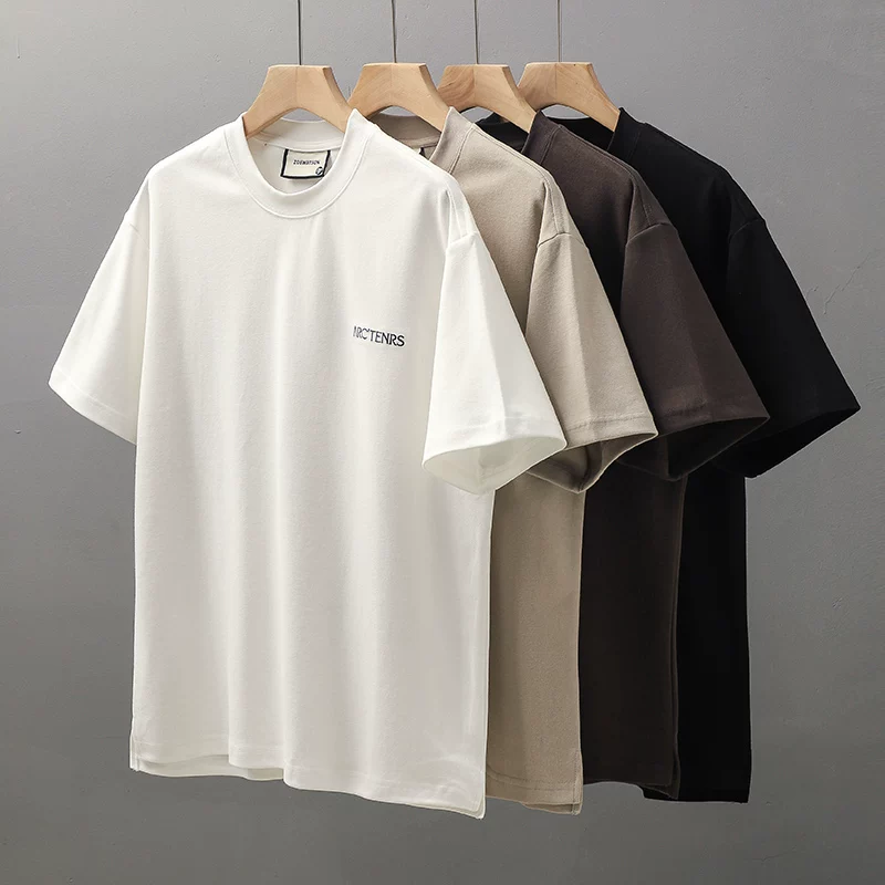 OMZM320G hạng nặng nguyên chất cotton áo thun ngắn tay nam mùa hè thêu chữ Mỹ nửa tay cổ tròn áo thun dáng rộng
