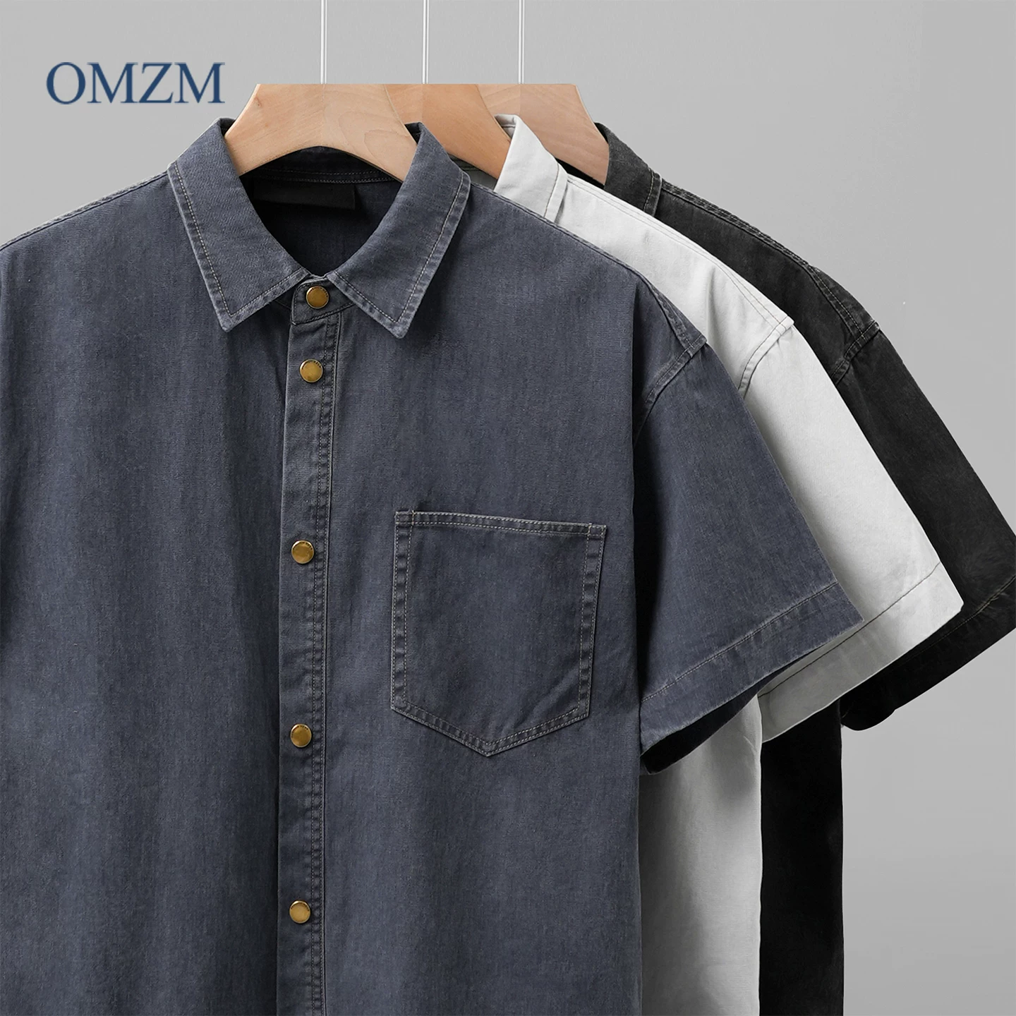 OMZM Áo sơ mi ngắn tay làm việc bằng vải cotton nguyên chất kiểu Mỹ dành cho nam, áo sơ mi cao cấp dáng rộng cổ điển mùa hè, áo khoác sơ mi đã giặt