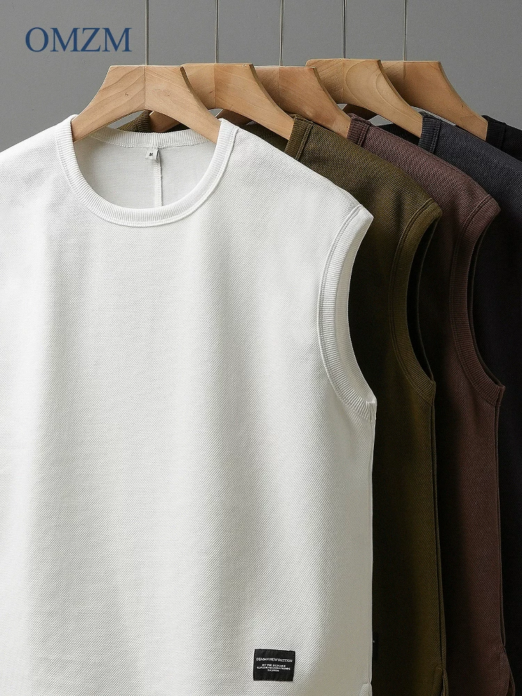 Áo vest cotton pique hạng nặng OMZM230G dành cho nam, áo lót không tay dáng rộng thể thao mùa hè, áo thun không tay màu trơn.