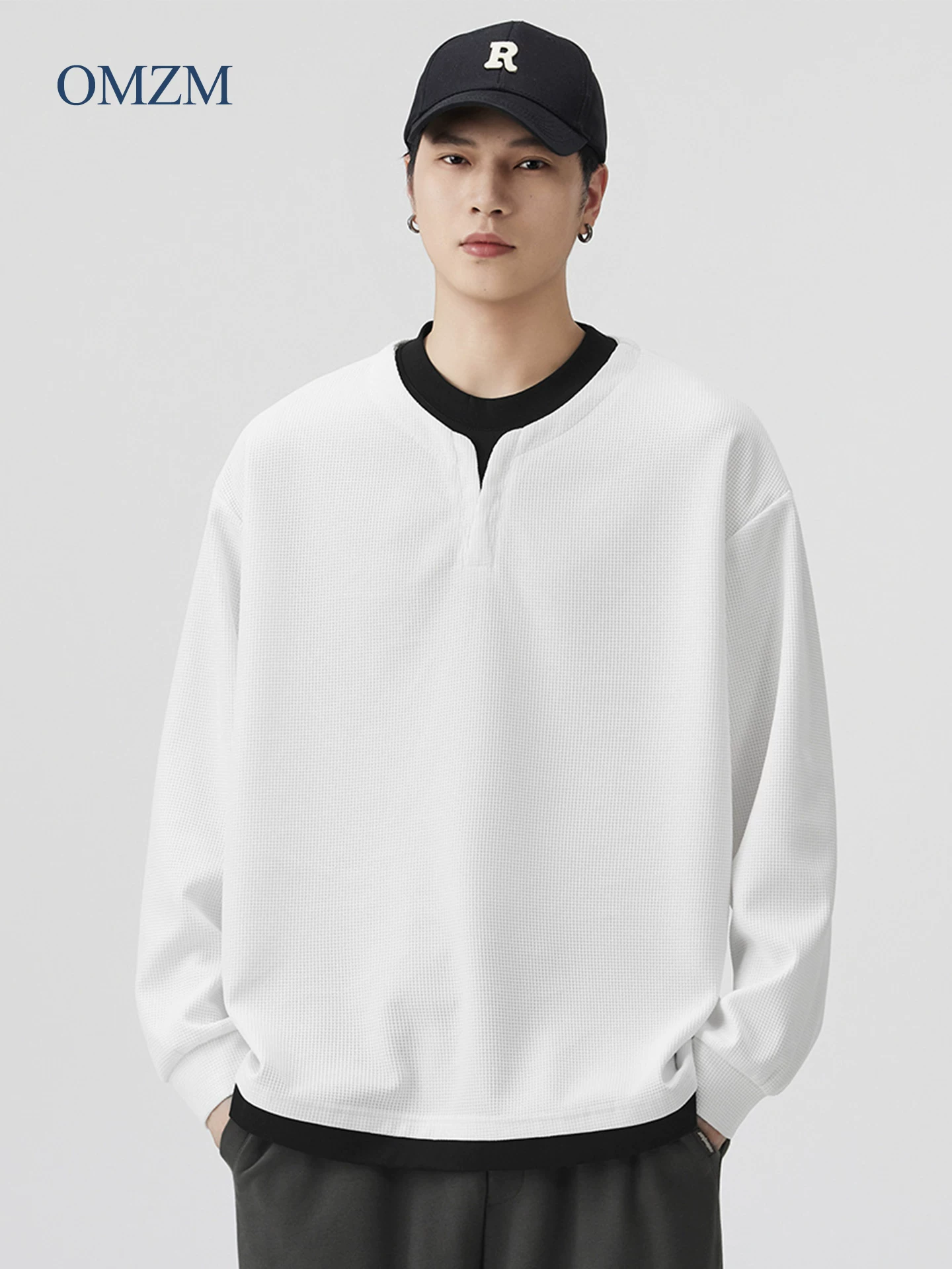 Áo nỉ giả hai mảnh hạng nặng OMZM dành cho nam, áo sơ mi henley cổ chữ V kiểu waffle mùa thu với áo sơ mi dài tay phối màu