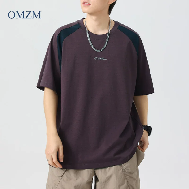 Áo thun nam tay raglan kiểu Mỹ OMZM, áo thun thể thao ngắn tay, mỏng, nhanh khô mùa hè, phối màu và cổ tròn nửa tay.