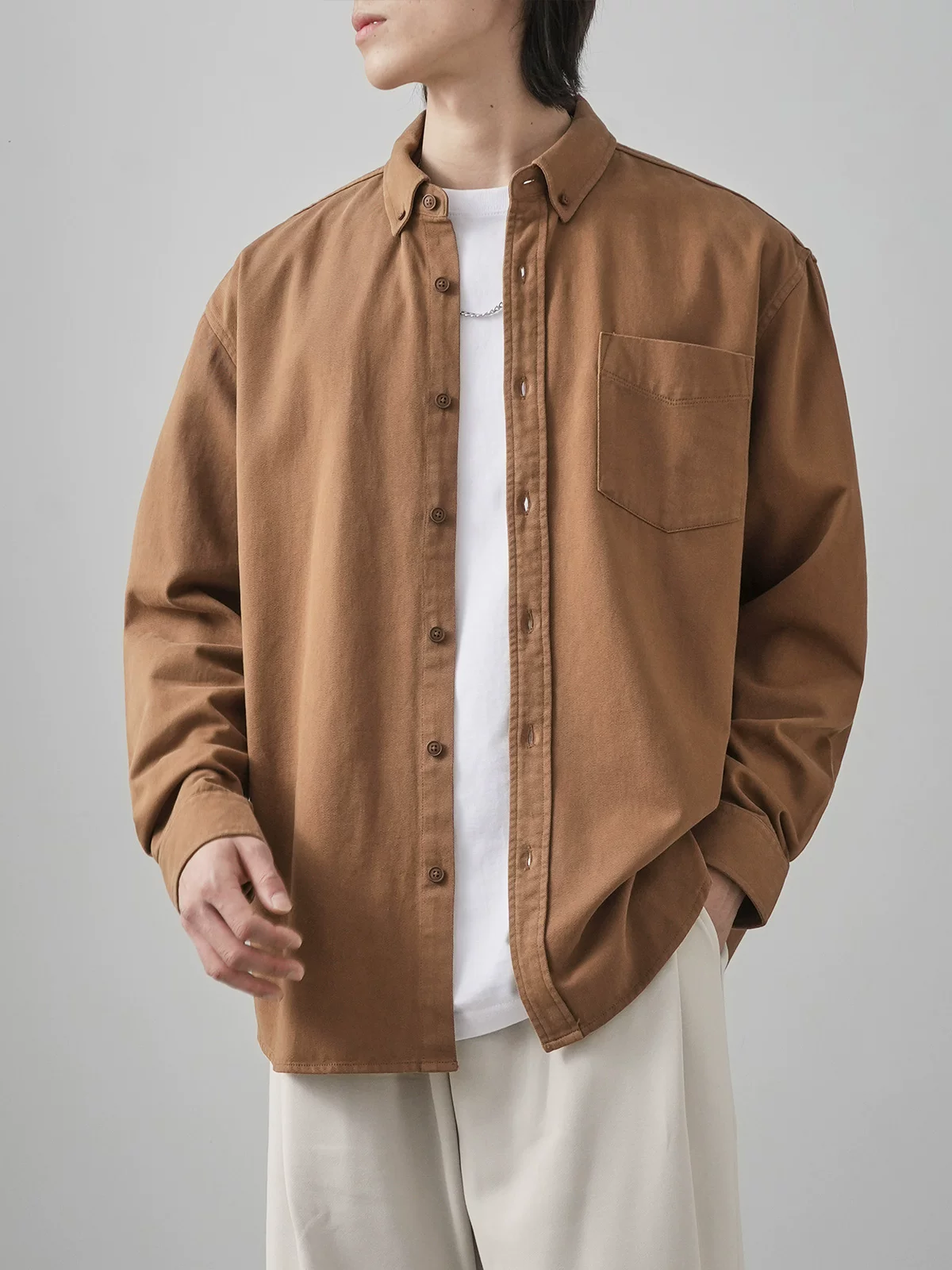 Áo sơ mi cotton nguyên chất hạng nặng kiểu Mỹ OMZM dành cho nam, áo khoác bảo hộ lao động màu trắng cao cấp dài tay mùa xuân, áo sơ mi lớp trong hợp thời trang.