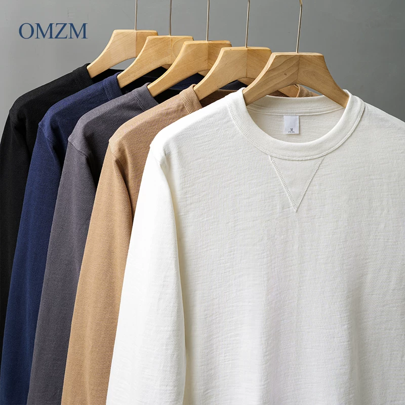 Áo thun nam tay dài dáng tam giác ngược, chất liệu cotton 100%, màu trắng, size 400G, kiểu dáng mùa thu 2024, đường may ba lớp, cổ tròn.