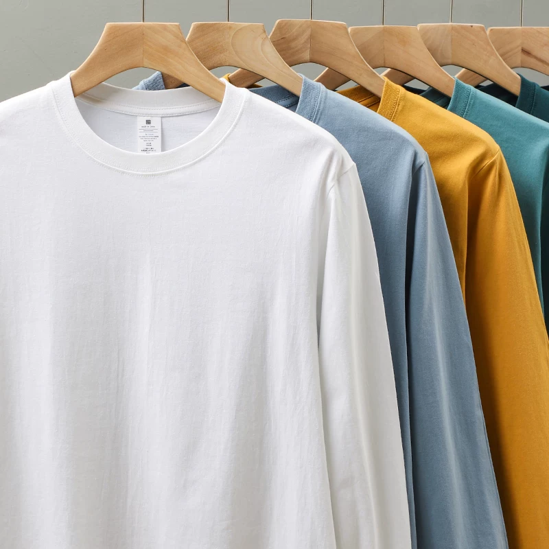 Áo thun dài tay hạng nặng 230g kiểu Mỹ OMZM dành cho nam, mùa xuân và mùa thu, dáng rộng, vai thường, áo sơ mi màu trắng, cotton nguyên chất, áo thun cổ tròn.