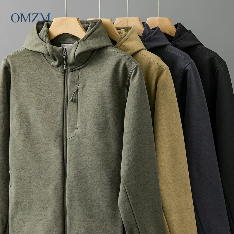 Áo khoác có mũ trùm đầu lót lông cừu OMZM dành cho nam, quần áo lông cừu dày dặn ấm áp mùa thu đông, áo khoác mềm chống gió ngoài trời.