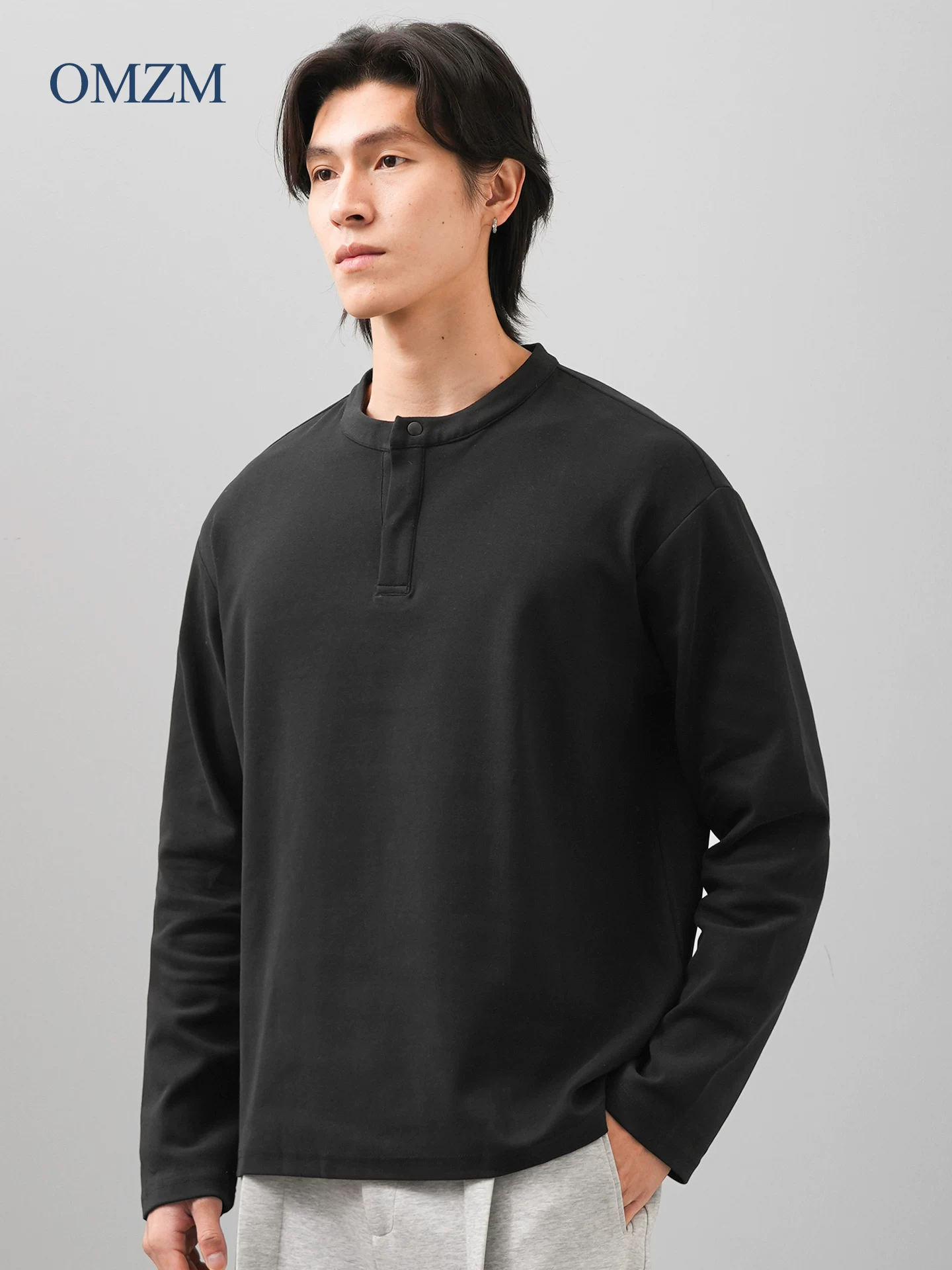Áo thun cổ henley hạng nặng OMZM300G dành cho nam, tay dài, áo nỉ đơn giản phong cách Mỹ mùa thu, áo sơ mi trắng phong cách tiền cổ điển.
