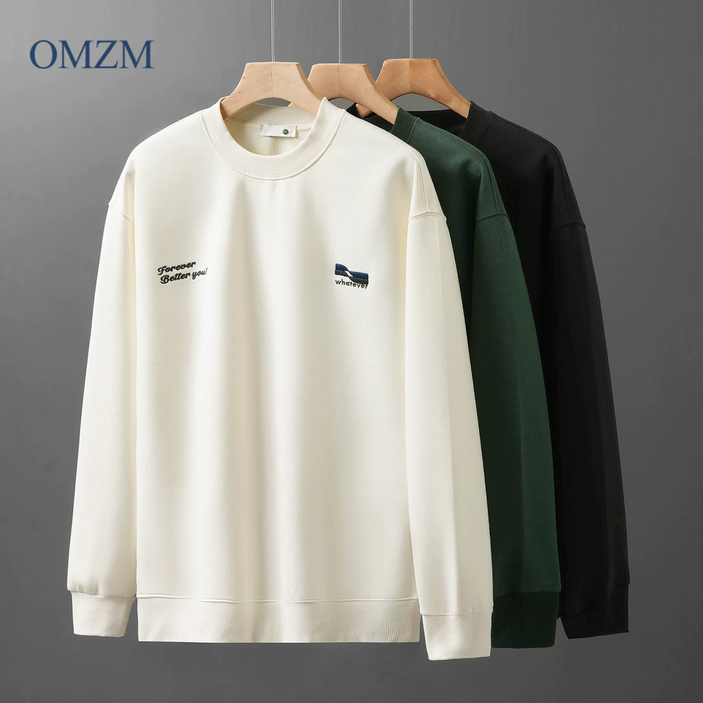 Áo len cổ tròn thêu nặng OMZM dành cho nam, áo chui đầu dáng rộng tay dài phong cách Mỹ mùa thu, không mũ trùm đầu