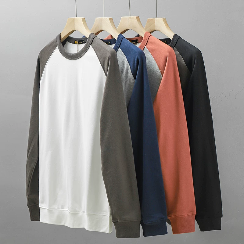 Áo thun cổ tròn chất liệu cotton dày dặn 400g kiểu Mỹ dành cho nam, áo lót cao cấp mùa đông, áo thun dài tay phối màu cotton nguyên chất dành cho nam.