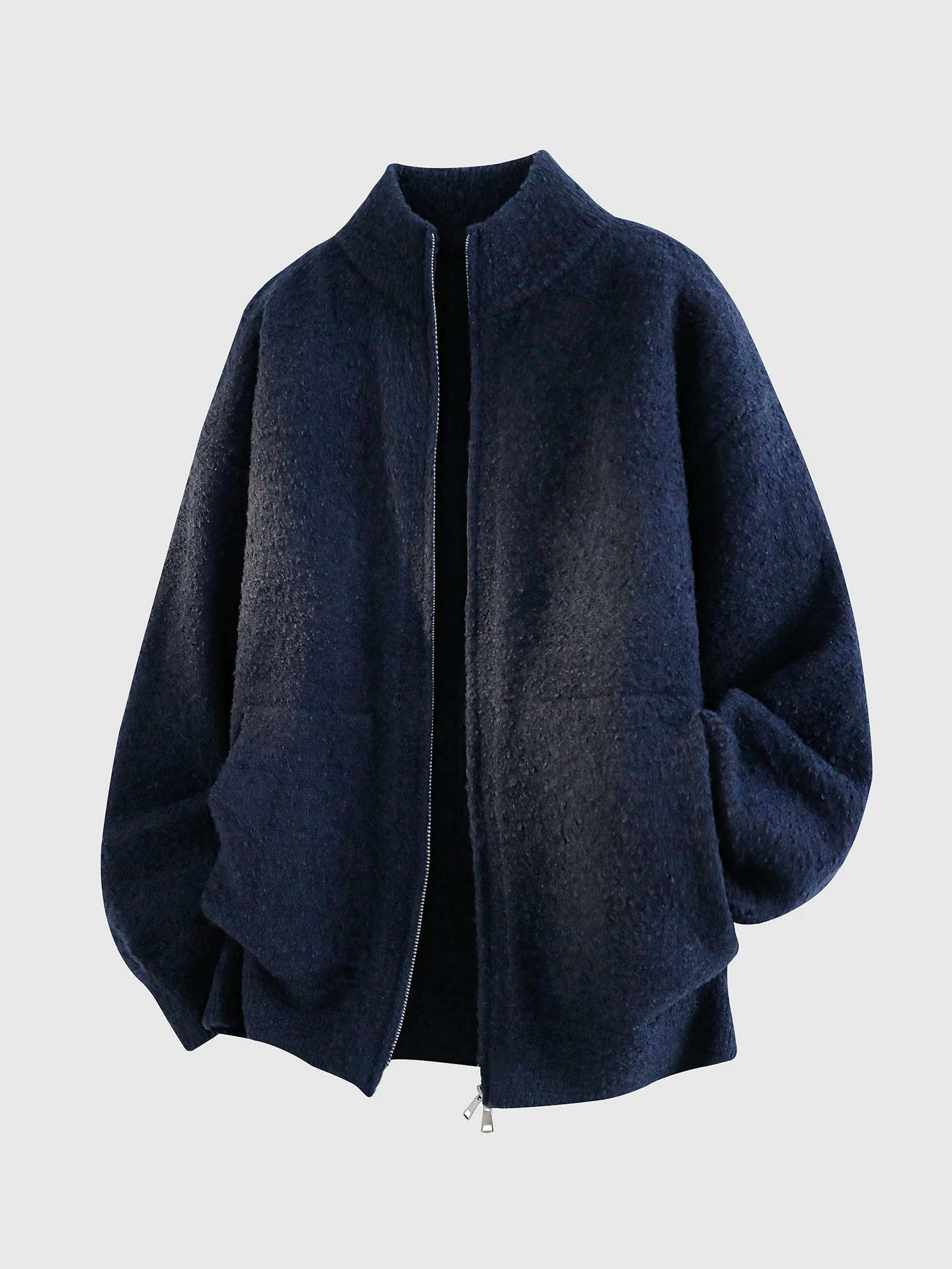 Áo len cardigan xoắn OMZM dành cho nam, phong cách mùa đông, tạo cảm giác lười biếng và cao cấp, áo dệt kim cổ đứng, áo khoác có khóa kéo dáng rộng thông thường.