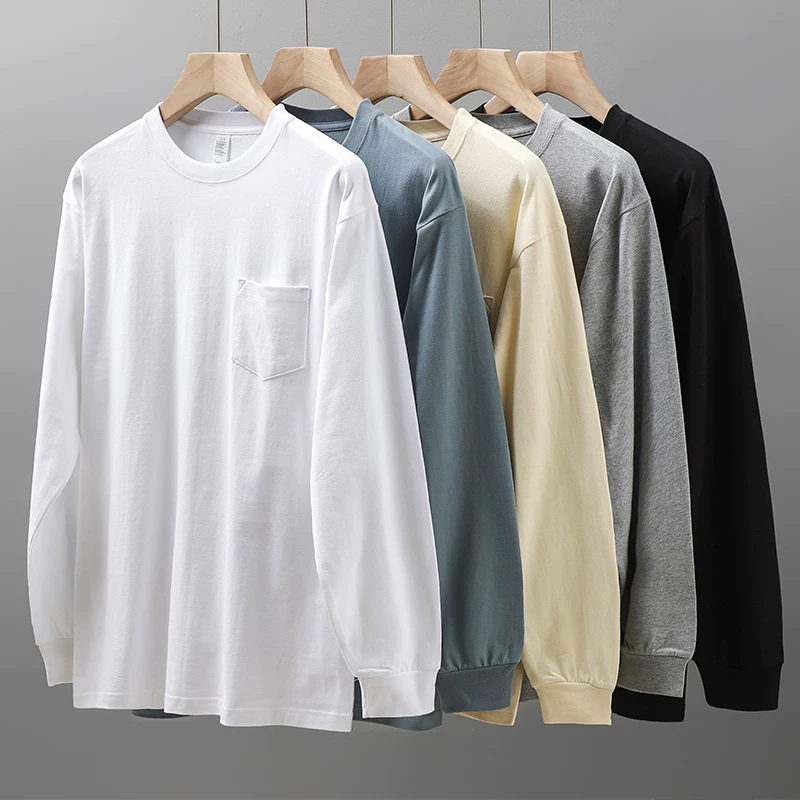 Áo thun bỏ túi hạng nặng OMZM300G dành cho nam, dài tay, thu đông, cotton nguyên chất, áo sơ mi màu trắng trơn, cổ tròn, áo nỉ Trung Sơn.