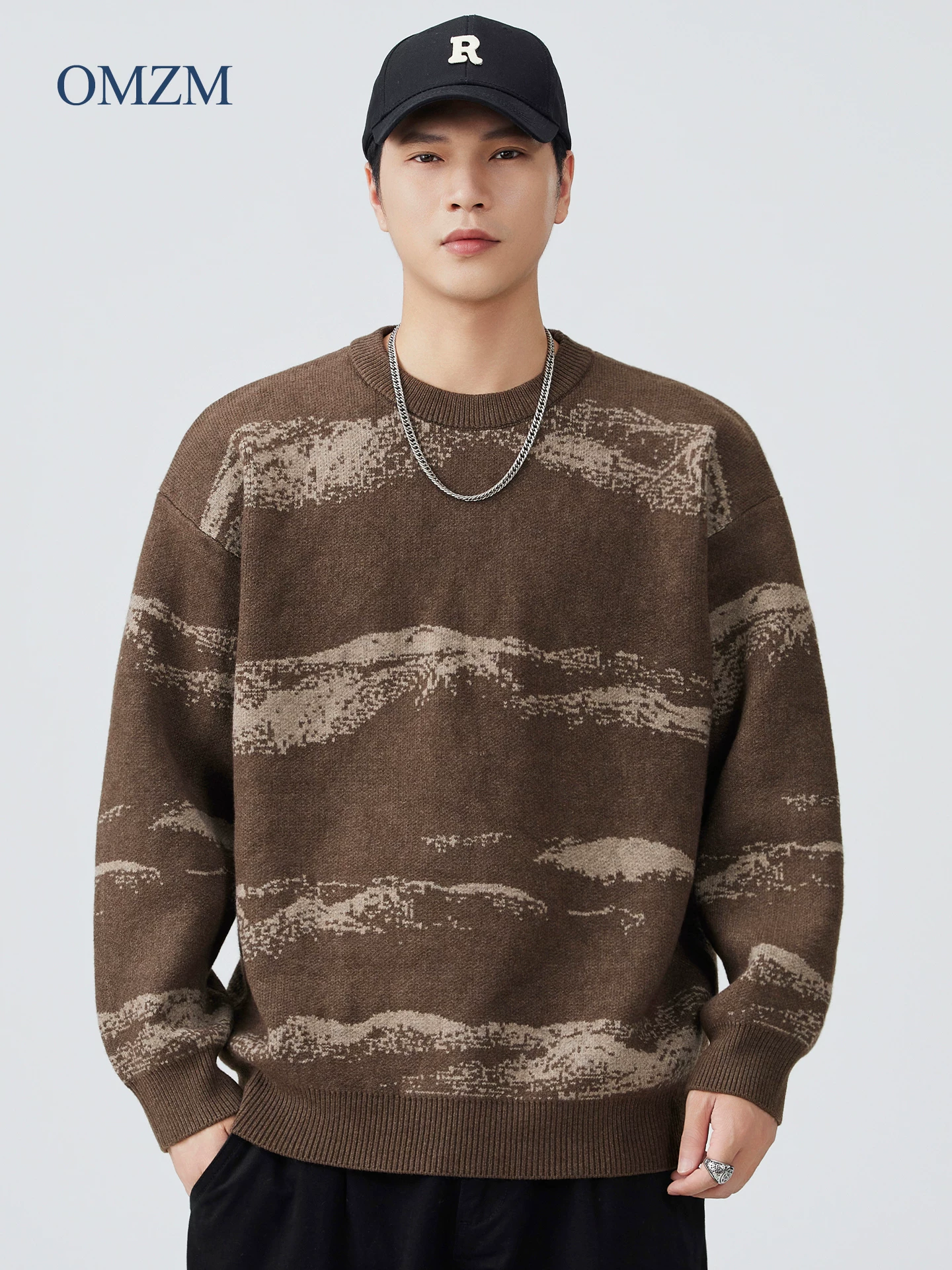 Áo len dệt kim có họa tiết OMZM dành cho nam, áo len cổ tròn in họa tiết cổ điển kiểu Mỹ nặng 750G mùa thu