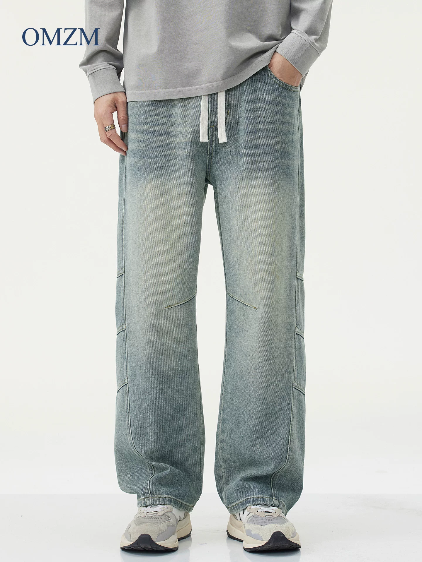 Quần jean cổ điển kiểu Mỹ OMZM dành cho nam, quần ống rộng dáng rộng mùa thu, quần công sở lưng thun trẻ trung, quần thường ngày