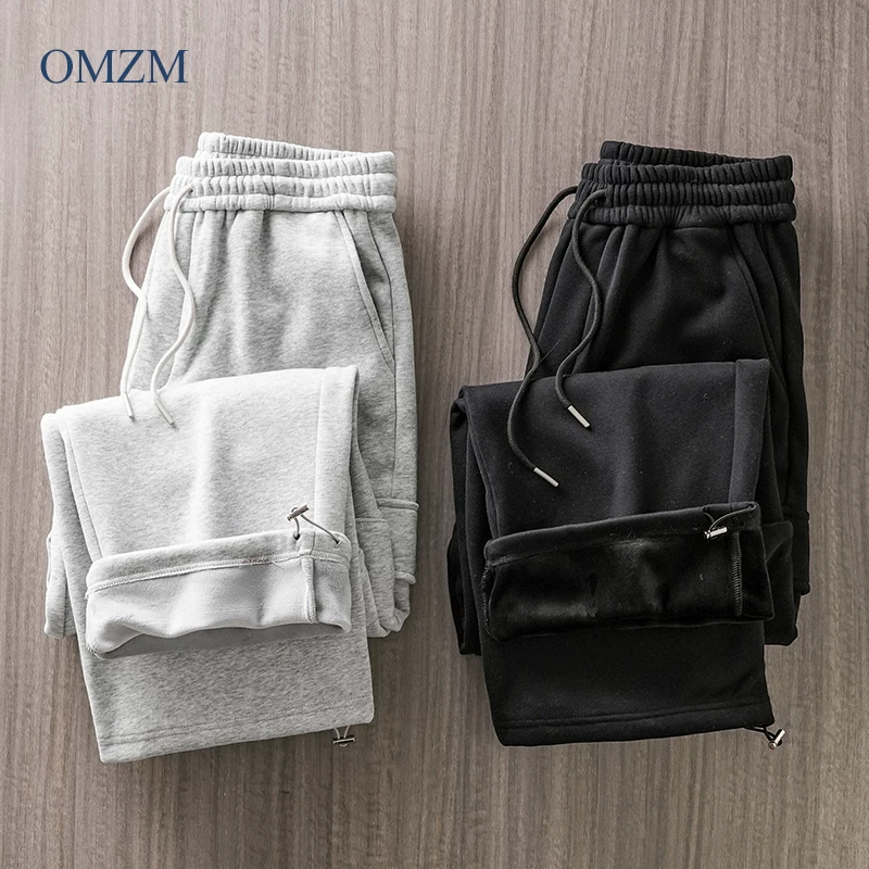 Quần cargo lót lông cừu hạng nặng OMZM460G dành cho nam, phong cách thu đông, quần dài có dây rút kiểu jogger, dày dặn và ấm áp, quần ống thẳng thông thường.