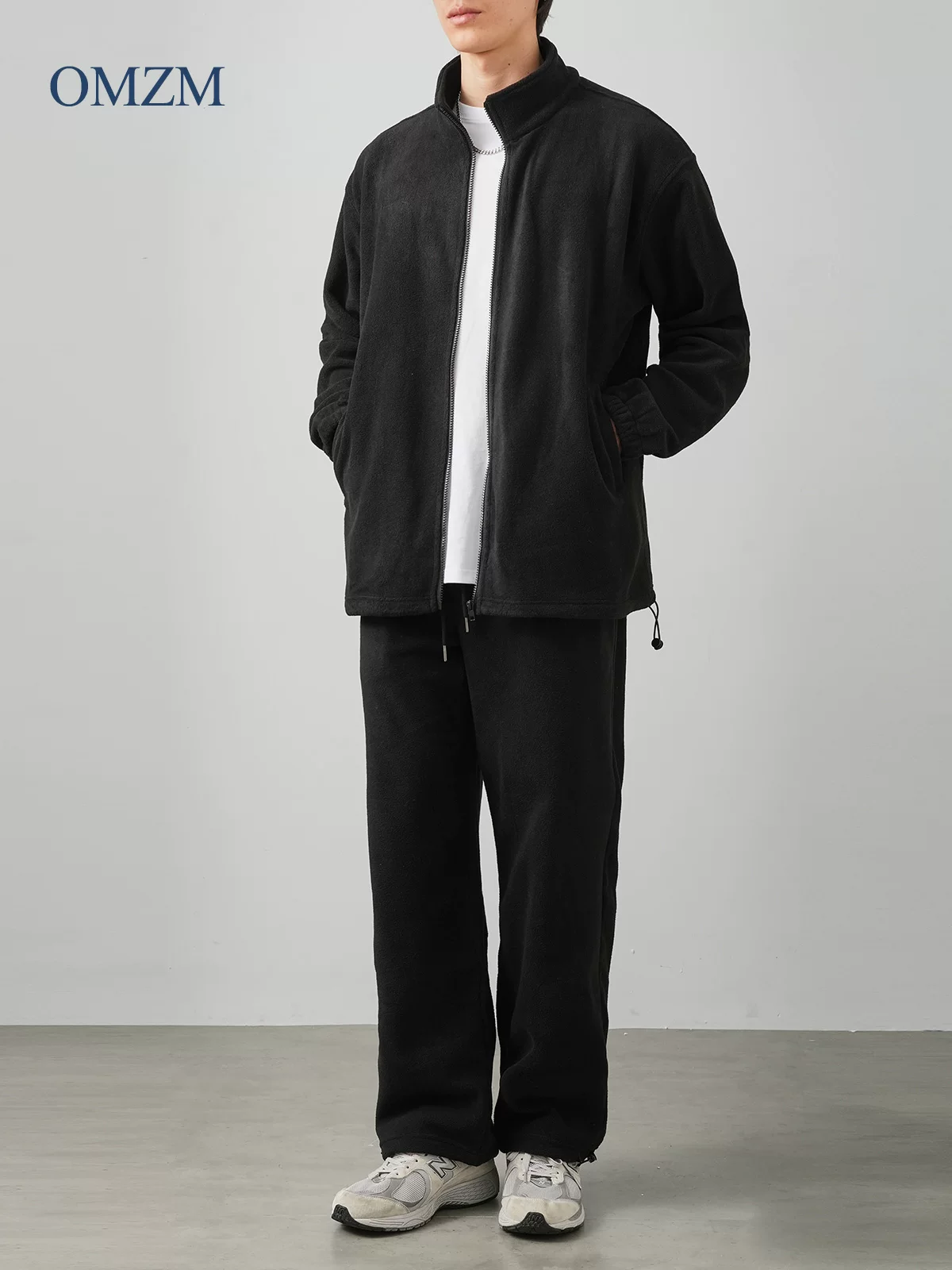 Bộ áo nỉ và quần thể thao OMZM ấm áp dành cho nam, áo khoác cardigan có khóa kéo cổ đứng mùa thu đông, quần thể thao thường ngày