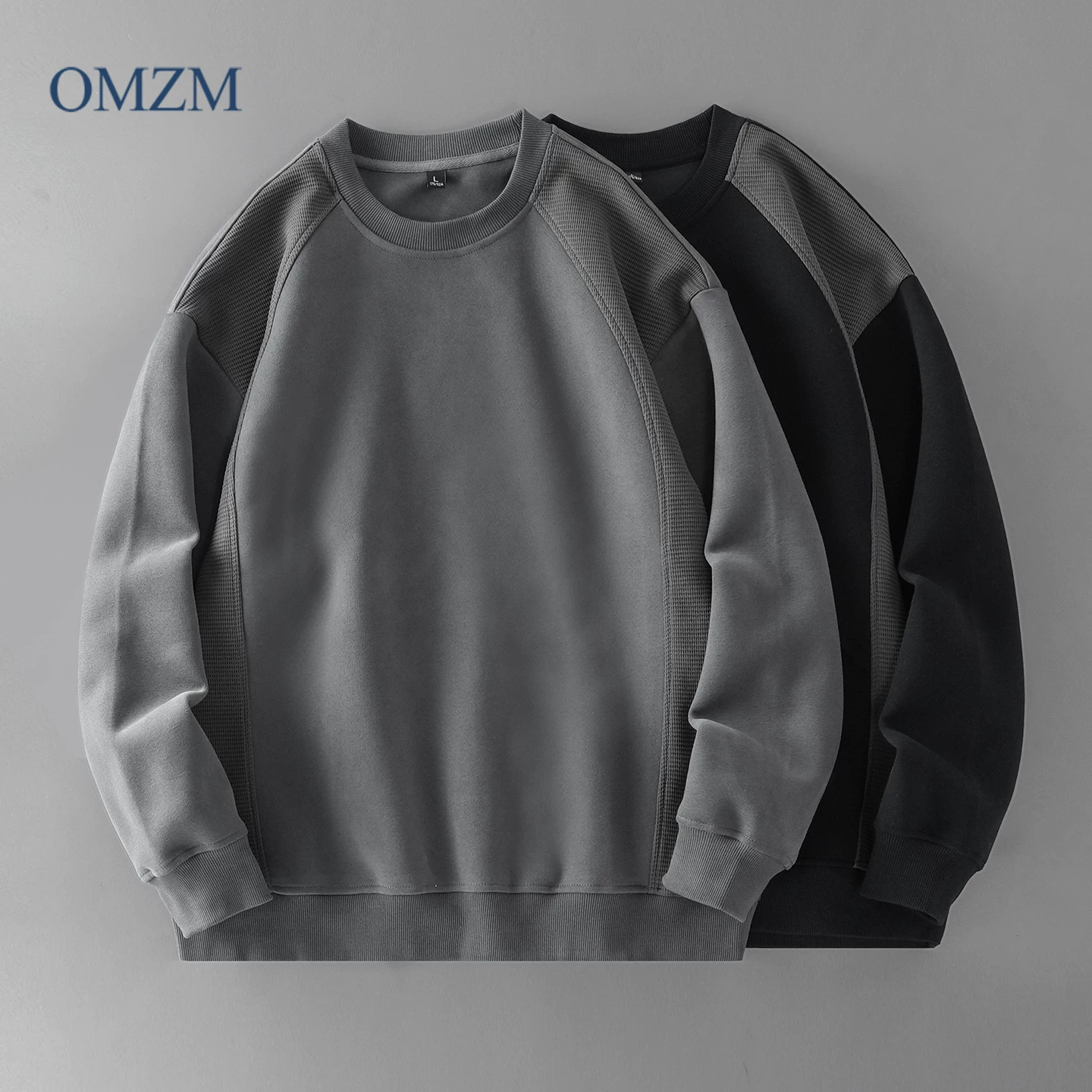 Áo nỉ hạng nặng OMZM420G dành cho nam, cổ tròn chắp vá phong cách Mỹ mùa thu đông, ấm áp, cao cấp, áo sơ mi màu trơn hợp thời trang