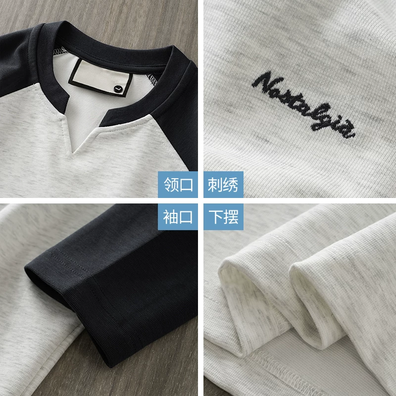 Áo thun nam cổ V tay dài chất liệu dày 300G, kiểu mới xuân thu 2025, tay raglan, áo sweatshirt phối màu, áo thun thêu.