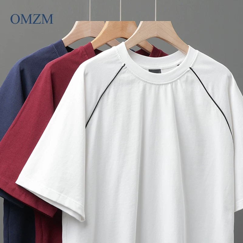 OMZM300G Áo thun cotton nguyên chất hạng nặng ngắn tay nam mùa hè phong cách Mỹ dáng rộng thoáng khí cổ tròn tay raglan áo thun màu trơn