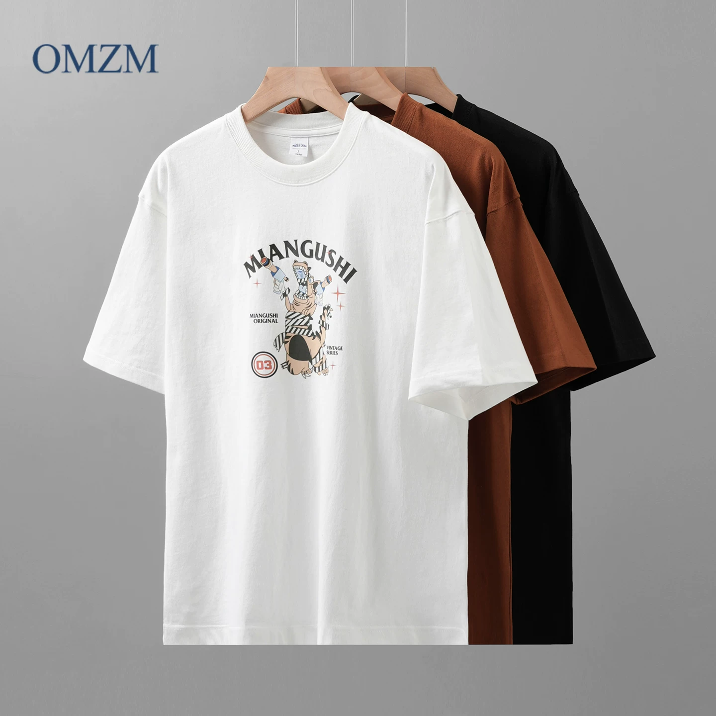 Áo thun ngắn tay hạng nặng OMZM kiểu Mỹ cổ điển 350g dành cho nam, áo nửa tay màu trắng in hình thương hiệu hợp thời trang mùa hè