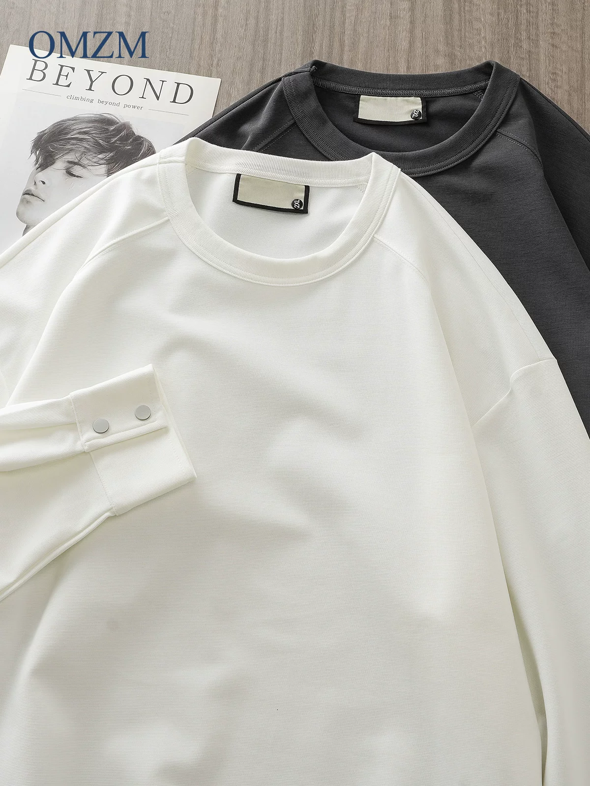 Áo thun dài tay hạng nặng OMZM300G dành cho nam, áo len cổ tròn cao cấp họa tiết ruộng lúa mùa thu, áo sơ mi trơn màu rộng rãi