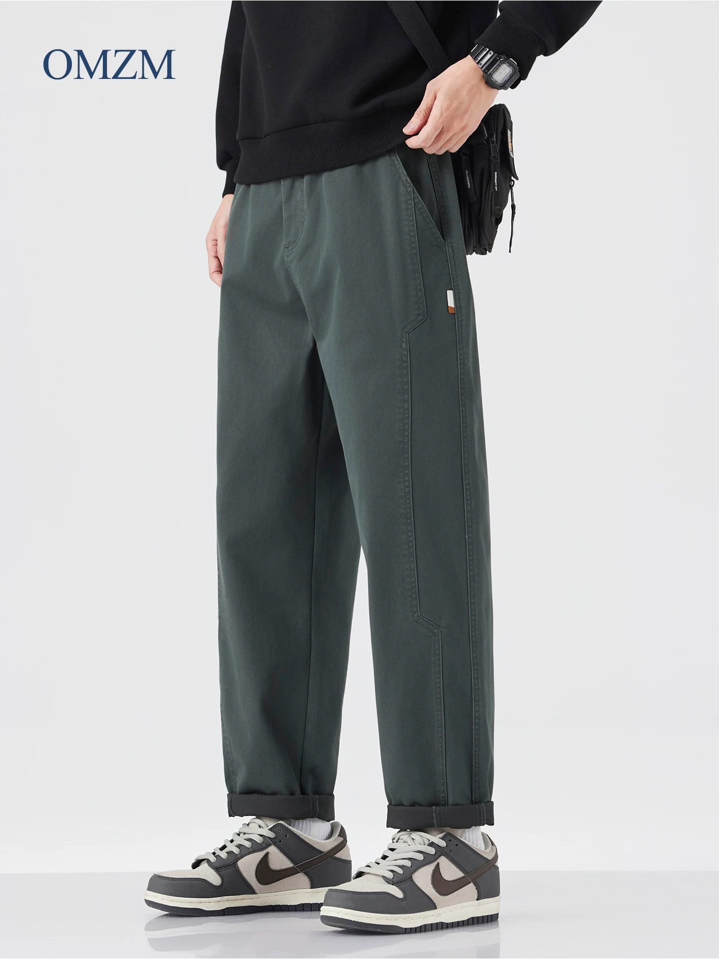 Quần cargo ống thẳng hạng nặng OMZM dành cho nam, quần ống rộng phối màu phong cách Mỹ mùa thu, quần thể thao rộng rãi, thoải mái