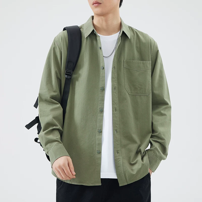 Áo sơ mi cotton nguyên chất hạng nặng OMZM dành cho nam, dài tay, kiểu xuân thu, áo khoác công sở có túi cổ điển, cổ bẻ, áo khoác sơ mi trắng.