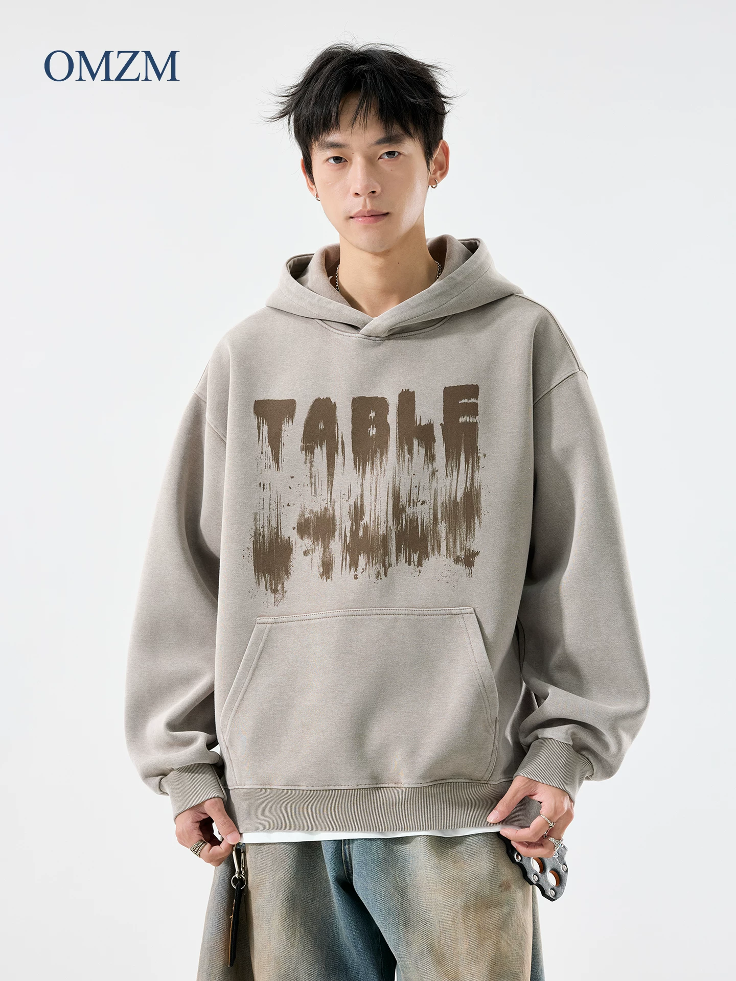 Áo nỉ cotton nguyên chất hạng nặng OMZM400G dành cho nam, áo hoodie in họa tiết cổ điển kiểu Mỹ mùa thu, áo khoác dáng rộng thường ngày