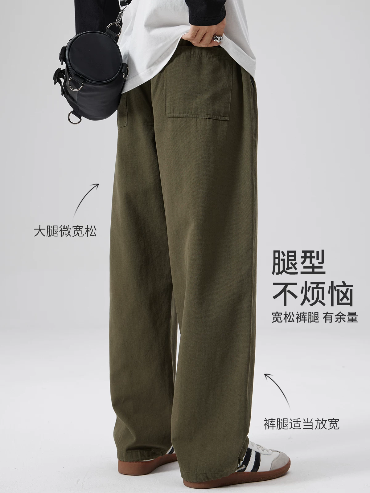 Quần cargo cotton nguyên chất hạng nặng kiểu Mỹ của OMZM dành cho nam, quần thể thao dáng rộng ống thẳng mùa hè có dây rút và ống quần bo gấu, quần dài thể thao.