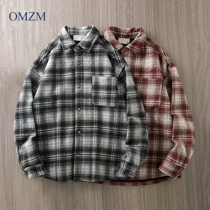 Áo khoác len dày lót lông cừu OMZM dành cho nam, áo sơ mi dày giữ ấm mùa đông 2024 mới, áo sơ mi kẻ đen trắng