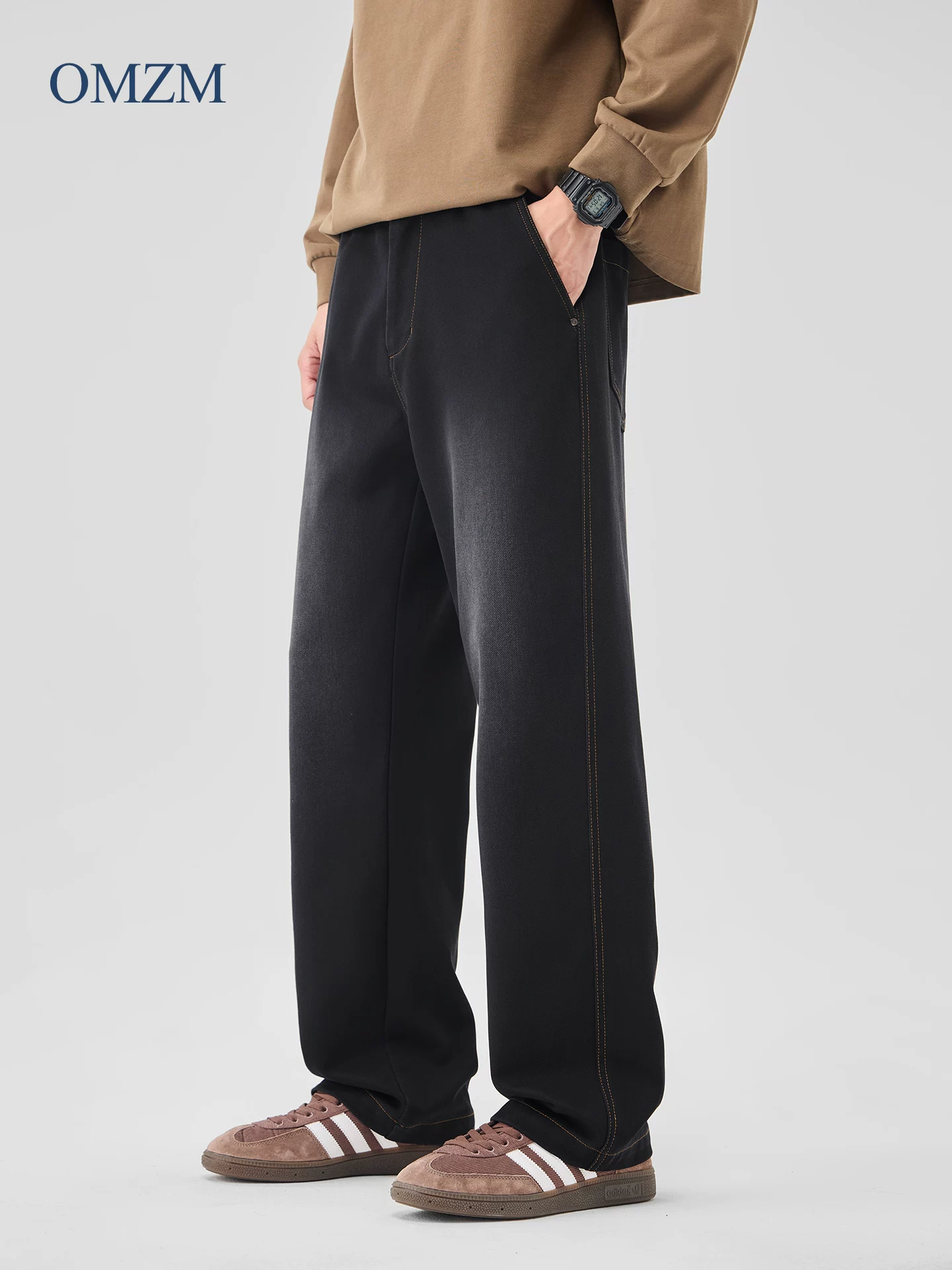 Quần jean xanh cổ điển OMZM dành cho nam, quần ống rộng dáng rộng mùa thu đông, quần công sở cổ điển giặt nặng kiểu Mỹ