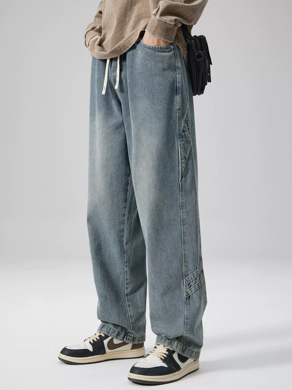 Quần jean cổ điển giặt kiểu Mỹ của OMZM dành cho nam, quần dài ống thẳng dáng rộng mùa xuân thu, quần công sở chắp vá hợp thời trang