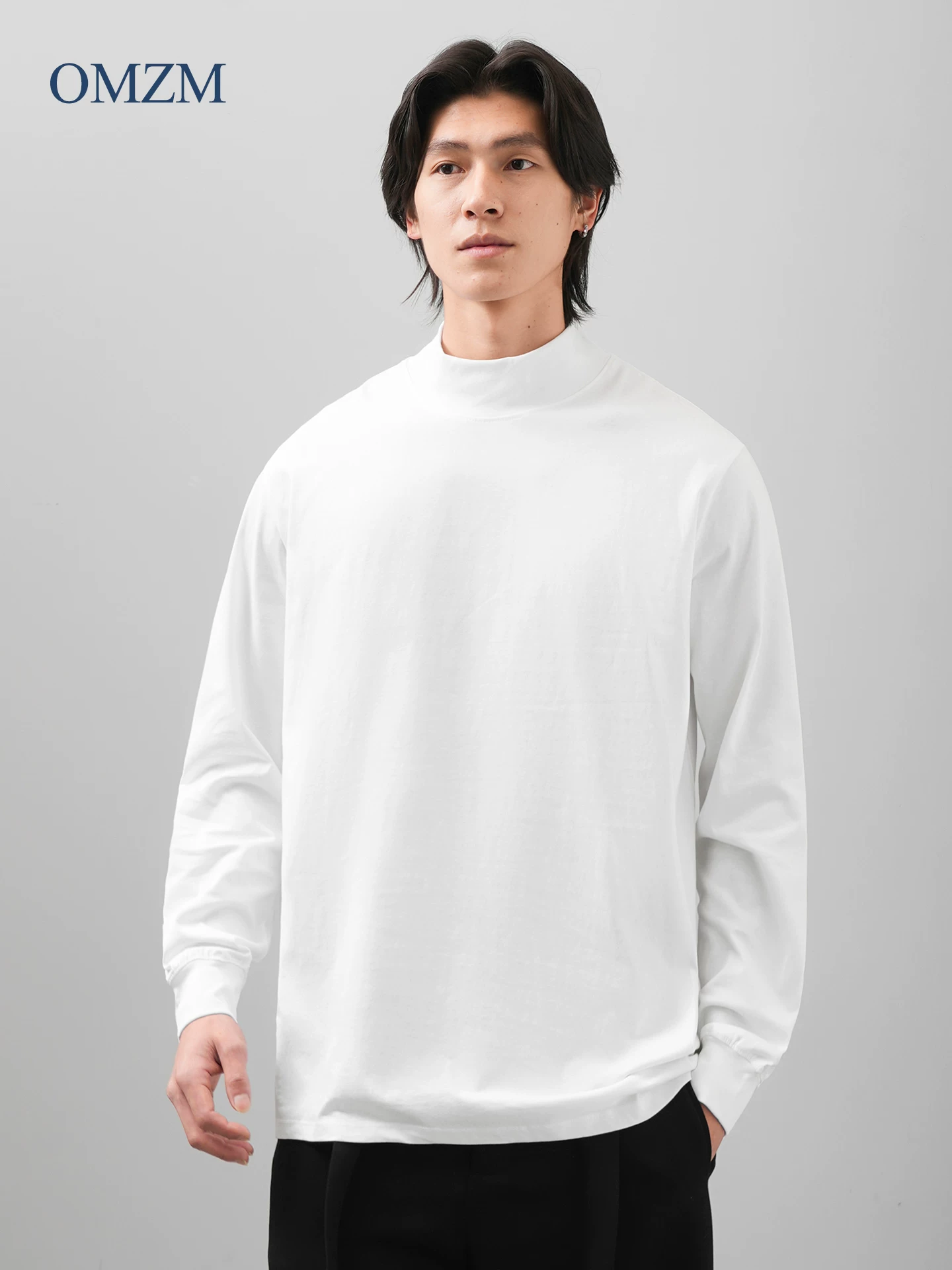 OMZM hạng nặng cổ cao nửa cổ bằng cotton nguyên chất dài tay dành cho nam mùa thu đông Áo thun mới lớp nền áo thun mặc bên trong áo giữ ấm