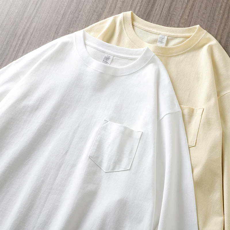 Áo thun bỏ túi hạng nặng OMZM300G dành cho nam, dài tay, thu đông, cotton nguyên chất, áo sơ mi màu trắng trơn, cổ tròn, áo nỉ Trung Sơn.