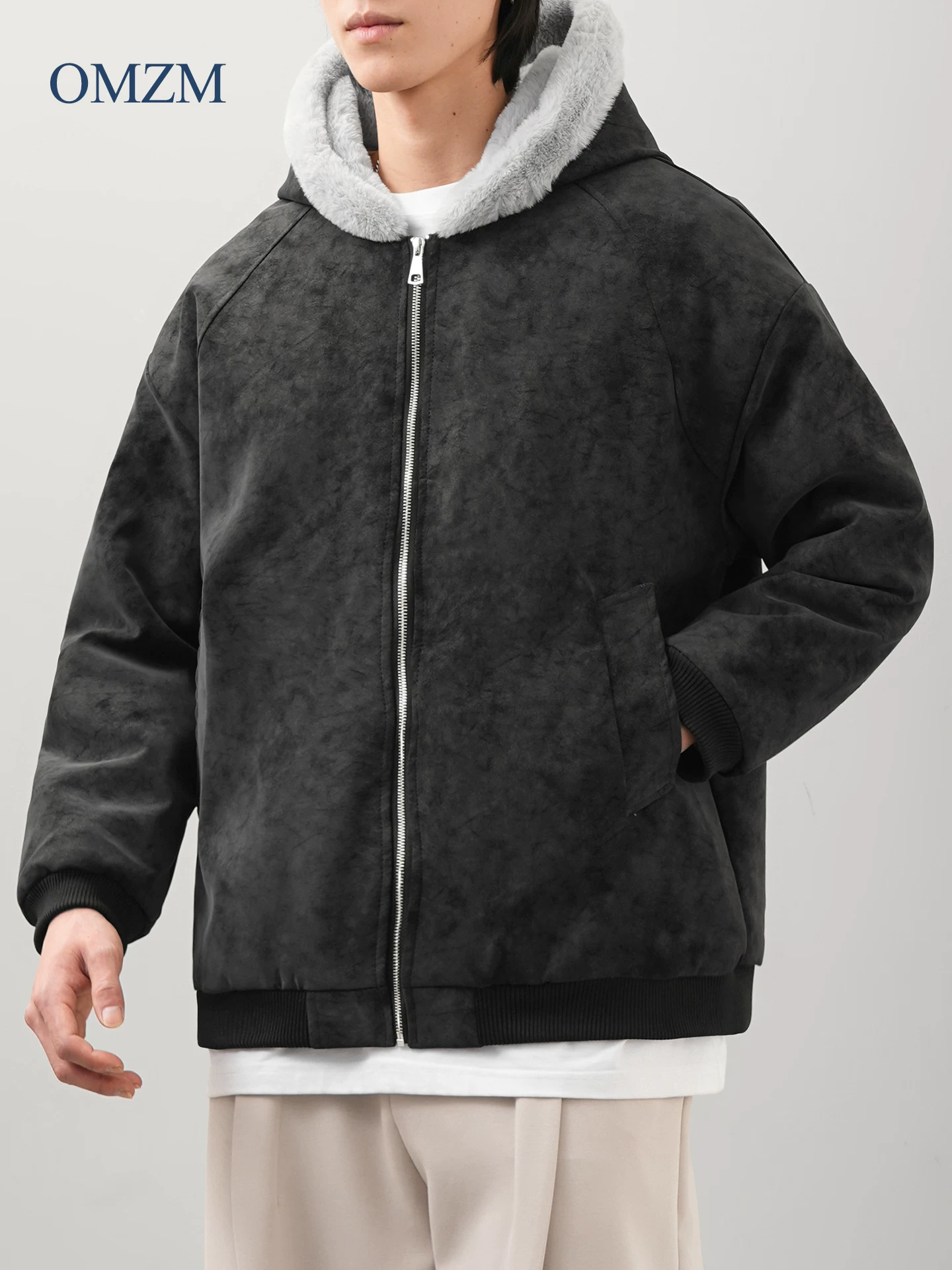 Áo khoác cotton da lộn có mũ trùm đầu OMZM dành cho nam giới trong mùa đông, lót lông cừu, dày dặn, ấm áp, áo len có khóa kéo, áo khoác cặp đôi nhuộm màu da PU