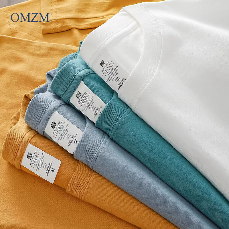 Áo thun dài tay hạng nặng OMZM210G dành cho nam, áo sơ mi lớp nền màu trơn mùa thu, cổ tròn rộng, chất liệu cotton nguyên chất, áo mùa thu vai thường.