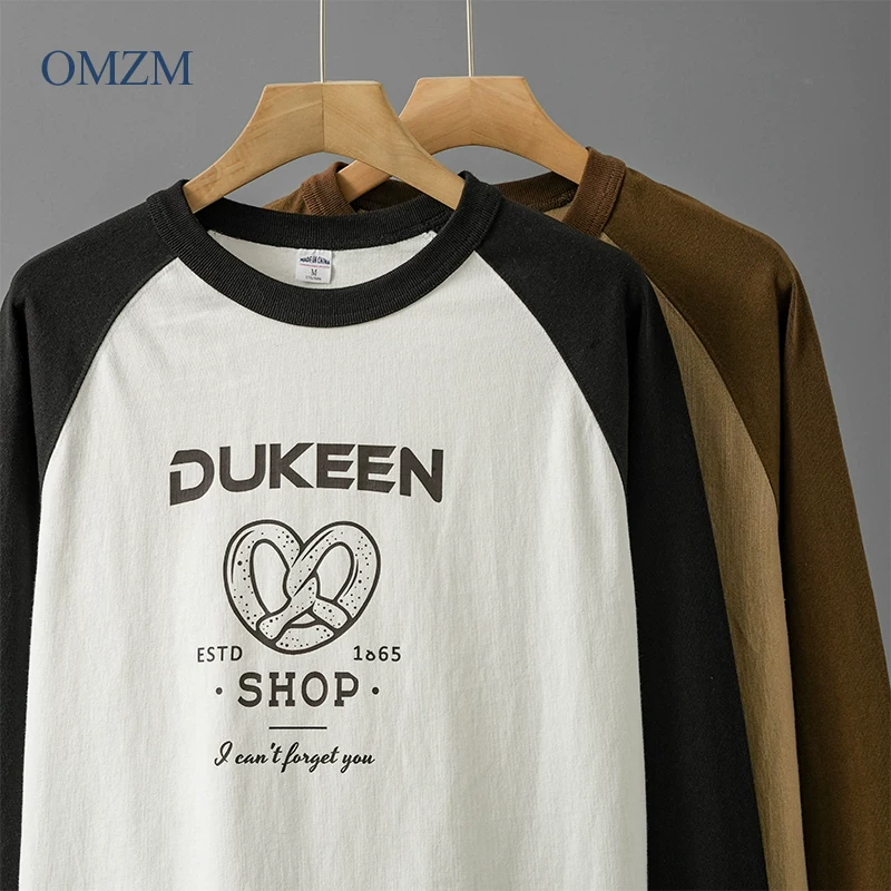 Áo thun dài tay bằng cotton nguyên chất hạng nặng OMZM320G dành cho nam, phong cách xuân thu, tay áo raglan in chữ, cổ tròn, áo lót bên trong.