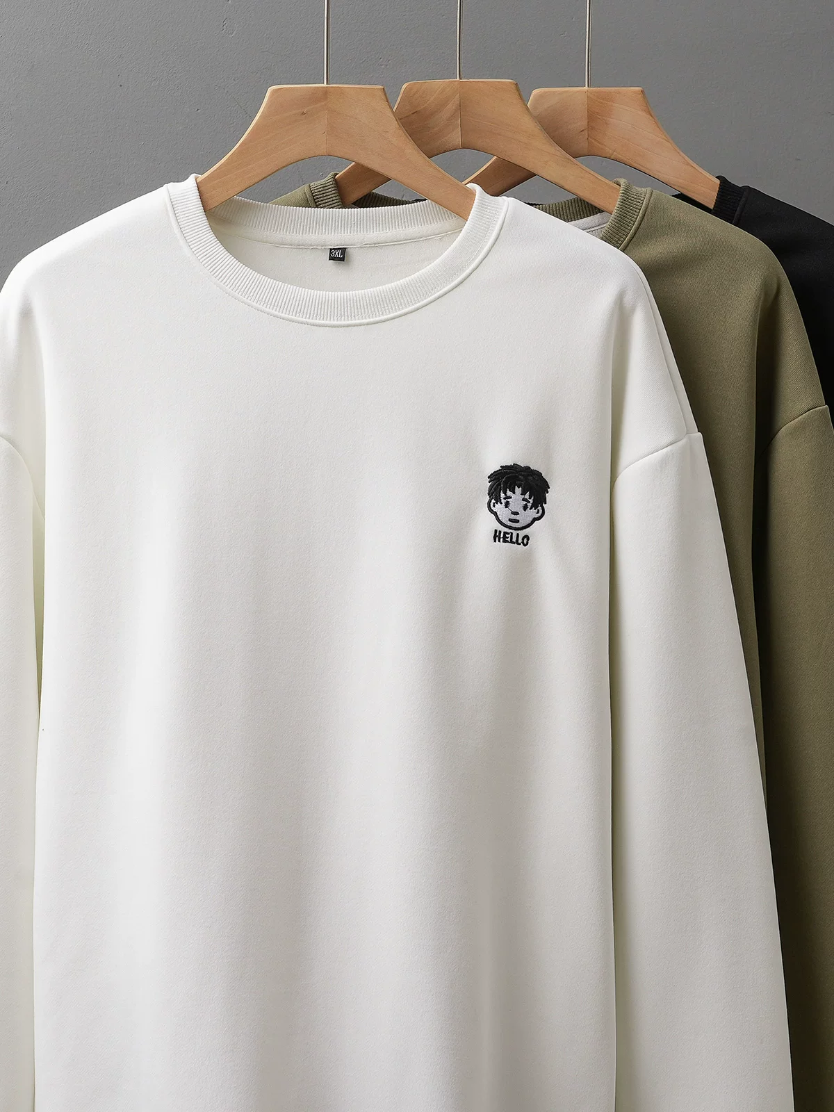 Áo nỉ hạng nặng OMZM400G dành cho nam, áo sơ mi cổ tròn dày dặn mùa đông, áo khoác thêu rộng rãi theo phong cách Mỹ.