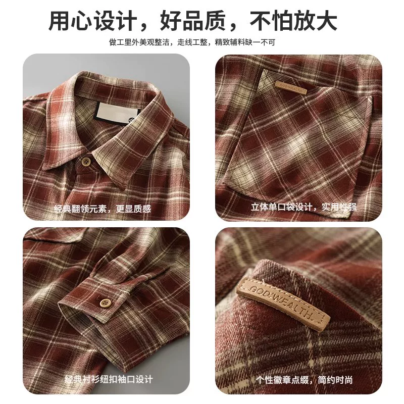 Áo khoác flannel hạng nặng 400G dành cho nam, mùa thu đông, kiểu Mỹ cổ điển, dày dặn, kẻ ca rô, áo sơ mi dài tay ấm áp