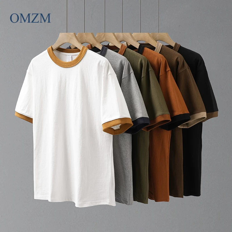 Áo thun cotton nguyên chất phối màu hạng nặng 320G dành cho nam và nữ, thiết kế mùa hè ngắn tay với cổ tròn phối màu, kiểu áo nửa tay, đường may ba kim.