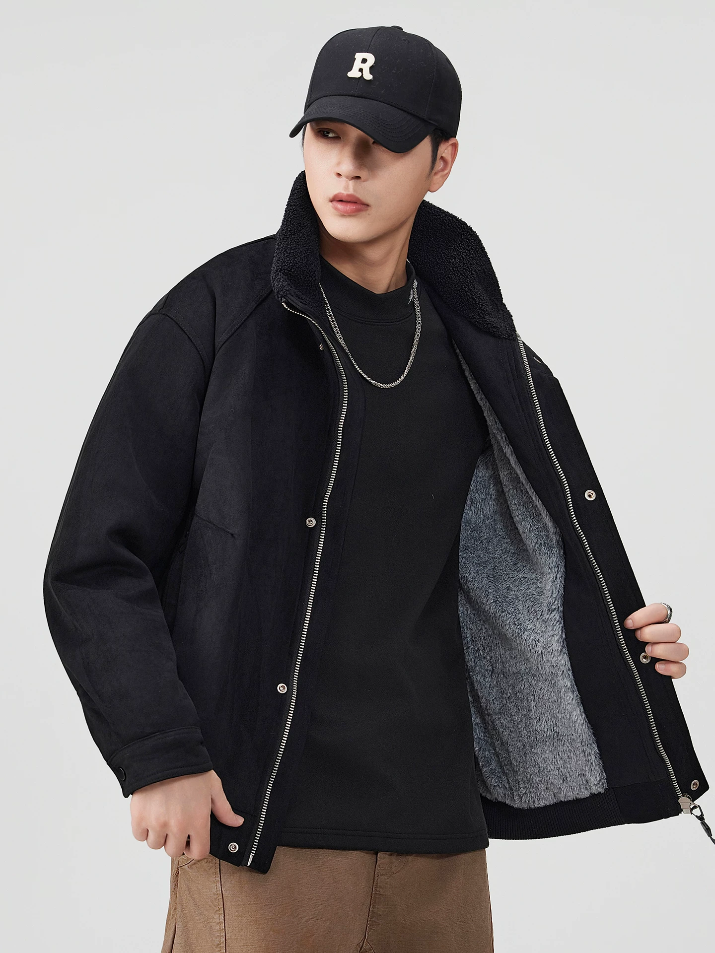 Áo khoác cotton lót lông OMZM dành cho nam, áo khoác cotton dày dặn lót lông cừu mùa đông, áo khoác cổ điển kiểu Mỹ.