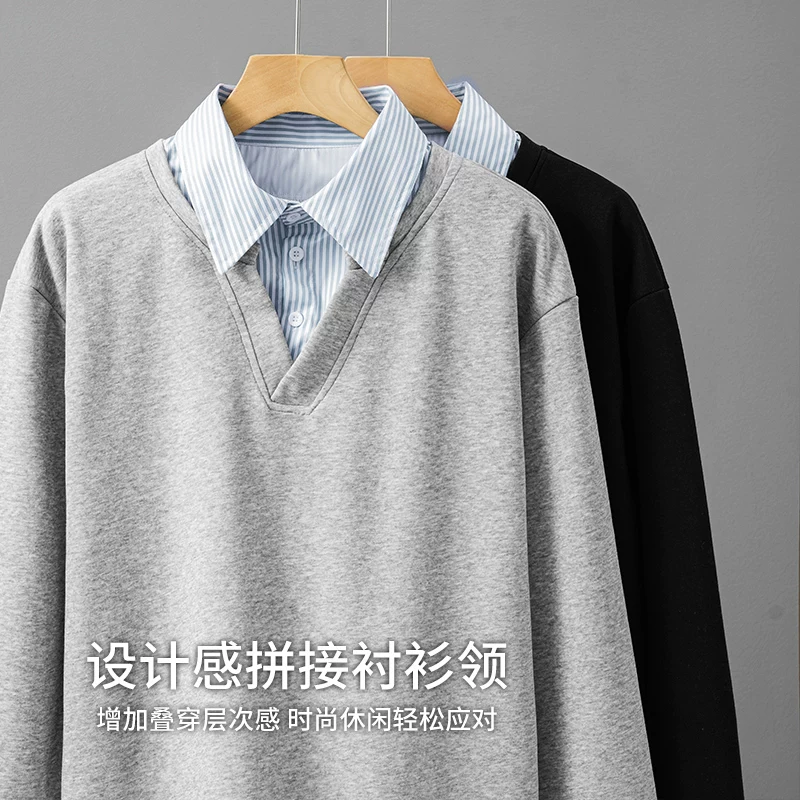 Áo nỉ giả hai mảnh hạng nặng kiểu Mỹ của OMZM dành cho nam, áo chui đầu cổ áo chắp vá mùa xuân và mùa thu, áo khoác dài tay rộng rãi